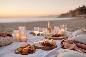 Beautiful picnic setup on the beach at sunset with food and drinks, a Food & Drink Photo by AlyaAnd