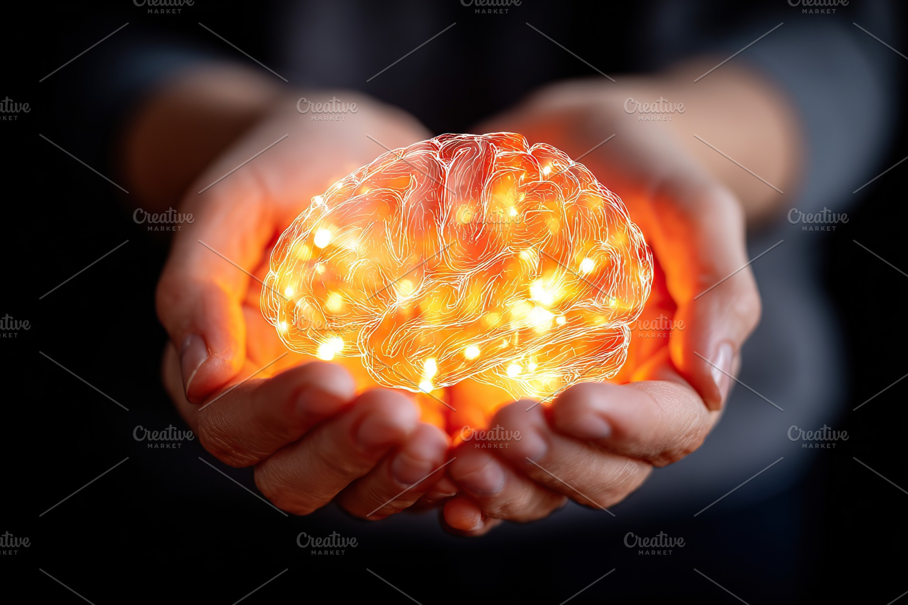 Soft glowing brain gently held in hands symbolizes creativity and intelligence, a Photo by AlyaAnd