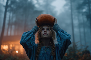 Girl in vintage blue dress holding pumpkin on her head in misty, a Person Photo by José Manuel Gelpi