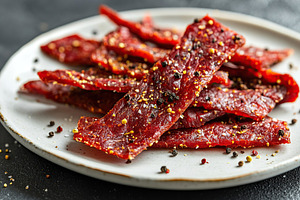 Spicy beef jerky on grey background, a Food & Drink Photo by AlyaAnd