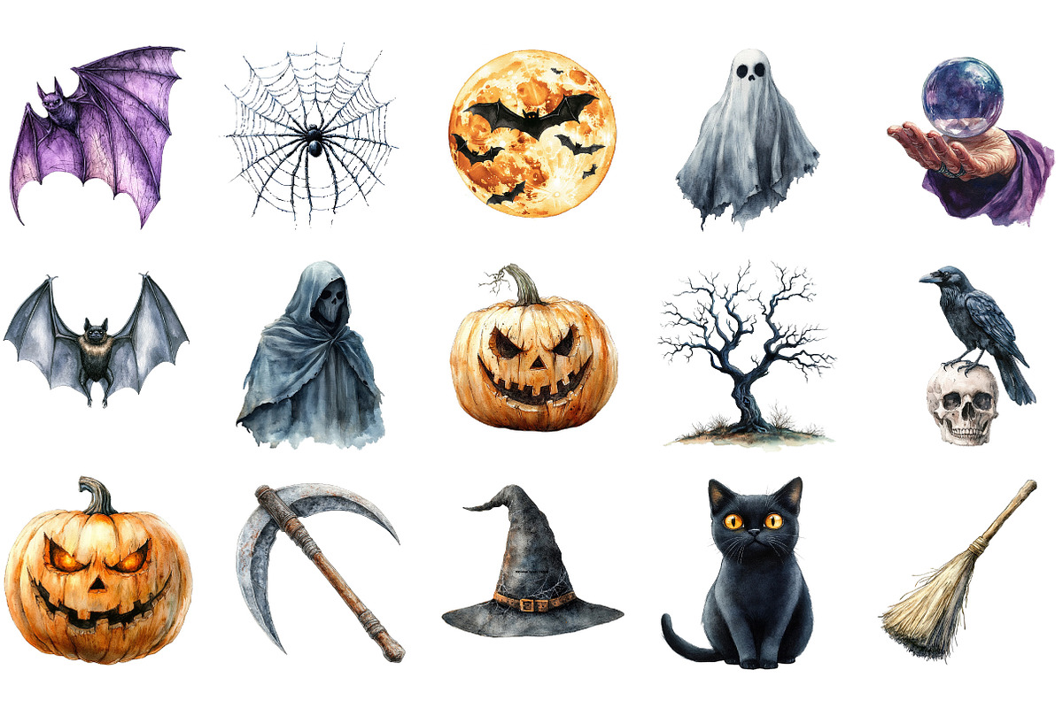 Watercolor Halloween Spooky Clipart, an Illustration by Designking (Photo 2 of 5)