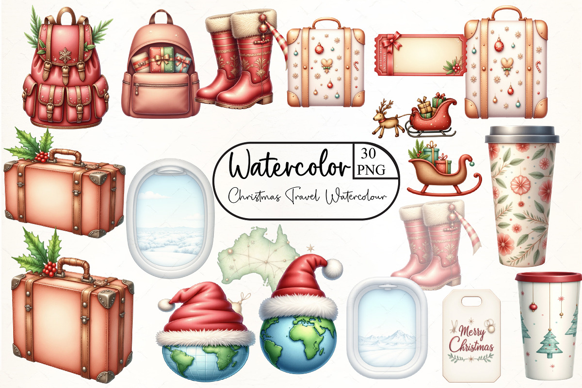 Christmas Travel Watercolour Clipart, an Illustration by CrexoraLab (Photo 1 of 5)