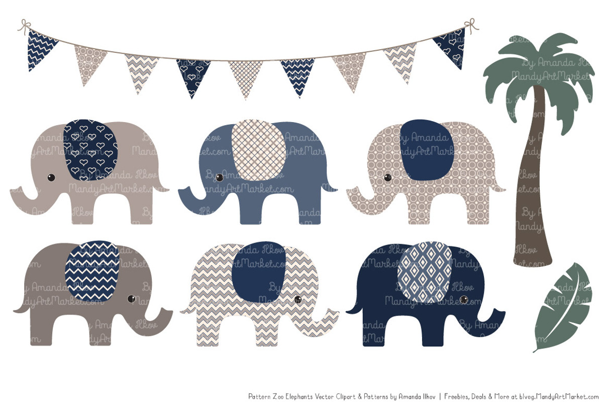 Elephants Clipart & Patterns in Navy, an Illustration by Amanda Ilkov (Photo 2 of 4)