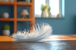 White Feather on Wooden Table in Bright Home Interior, a Background Photo by José Manuel Gelpi
