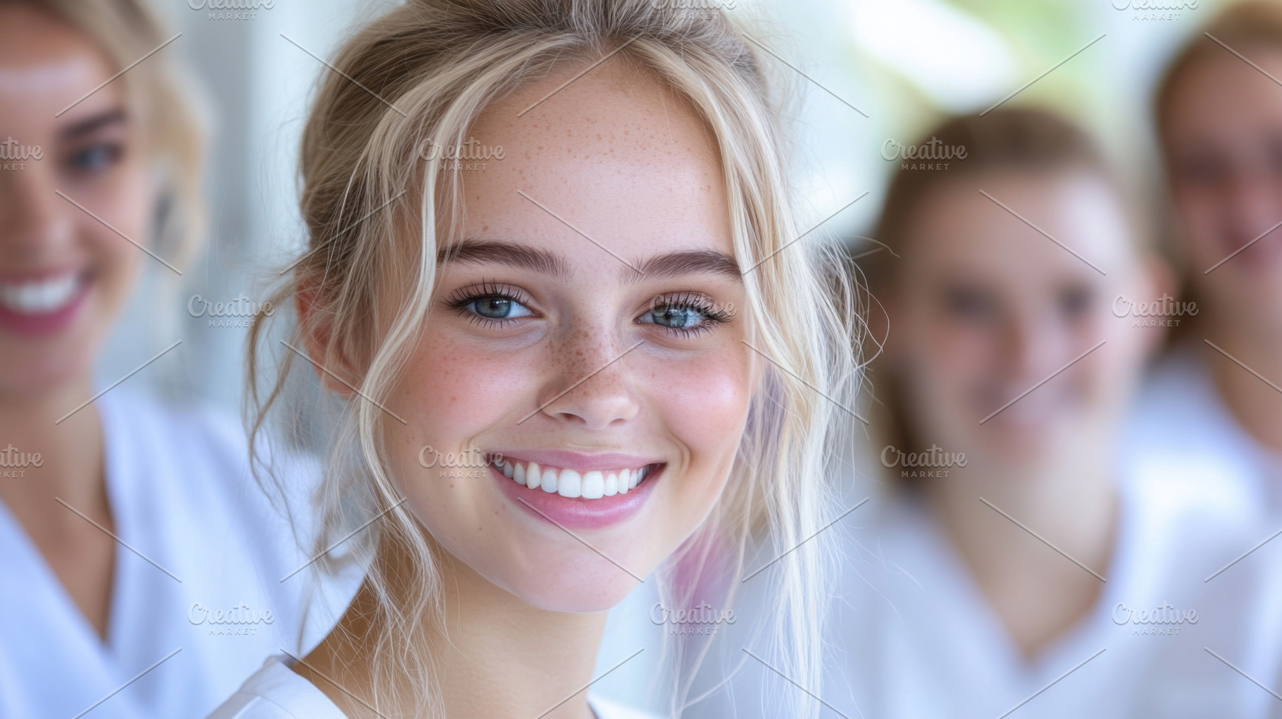 Young smiling female nurse surrounde, a Photo by Dvoevnore photos