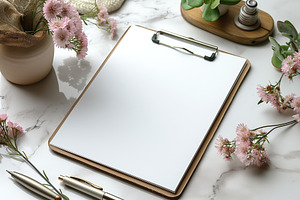 A serene workspace featuring a blank clipboard surrounded by soft pink flowers, a Business Photo by ImageMir