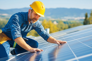 Solar panel technician carefully, an Industrial Photo by MistyDay