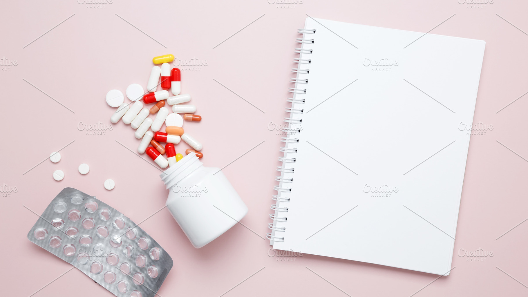 Concept of medicine, healthcare, and pharmaceutical industry. White bottle cont, a Photo by matucha