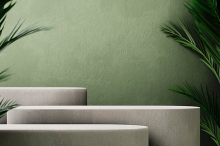 Stone product podium with tropical palm leaf on green wall backg, a Beauty & Fashion Photo by hitdelight