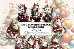 WHIMSICAL CHRISTMAS UNICORNS CLIPART