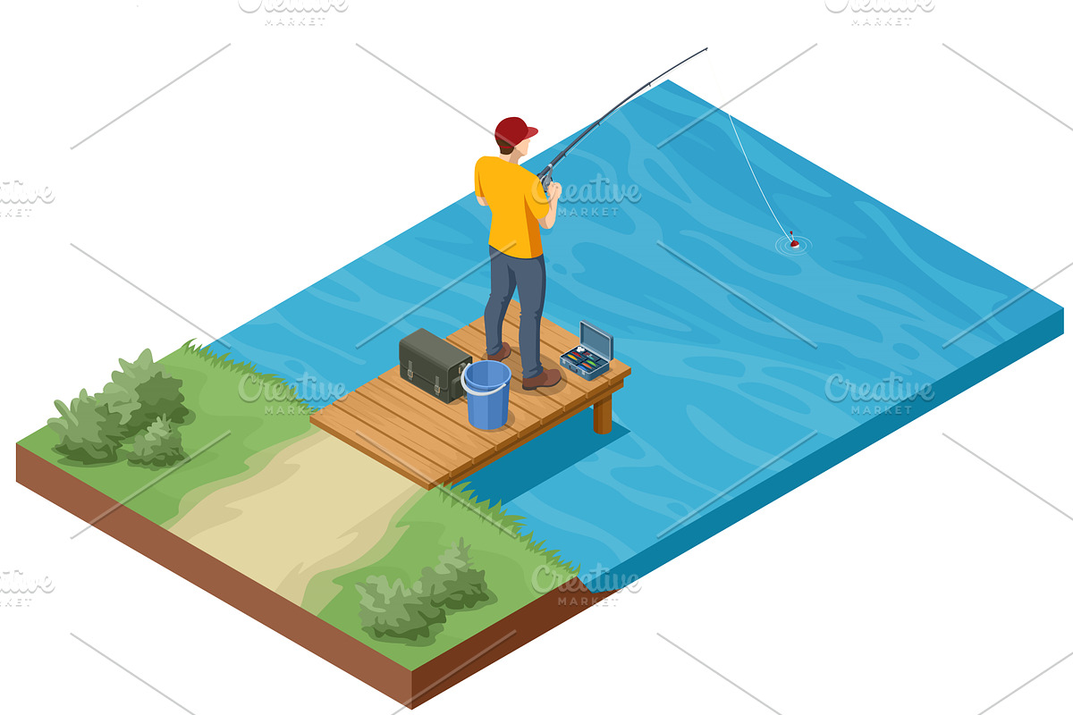 Isometric man is fishing by the, a Person Illustration by Golden Sikorka