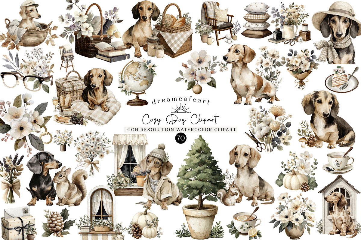 Dachshund Clipart Cozy Dog Png, an Illustration by DreamCafeArt (Photo 1 of 6)
