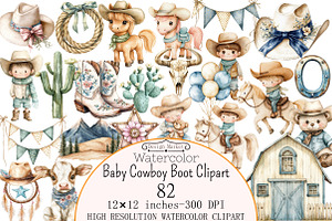 Watercolor Baby Cowboy Boot Clipart