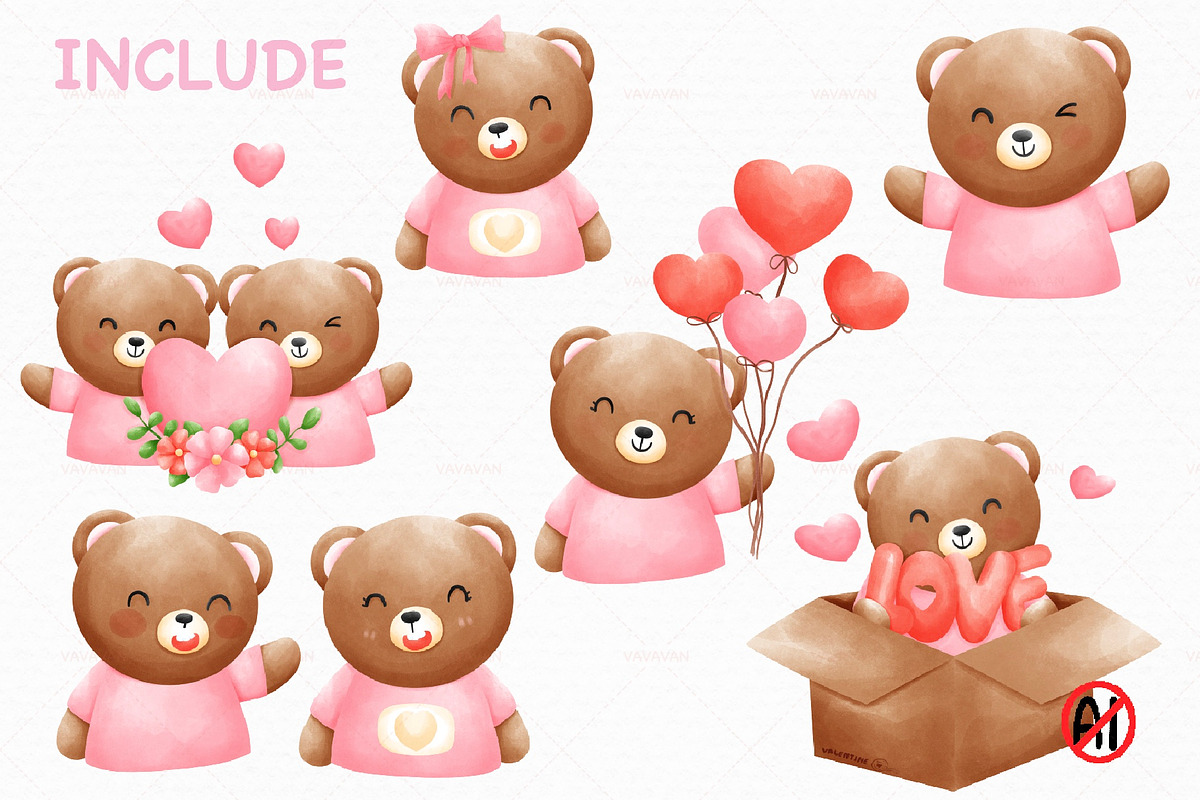 Valentine watercolor bear clipart, an Animal Illustration by Vavavan Artwork (Photo 4 of 4)