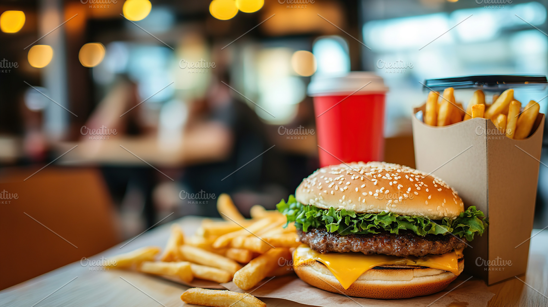 Burger with baked potatoes on blurred fast food restaurant backg, a Food & Drink Photo by AlyaAnd