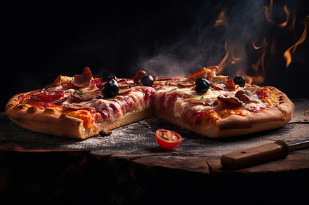 Illustration of tasty homemade pizza with fresh ingredients, a Food & Drink Photo by AlyaAnd