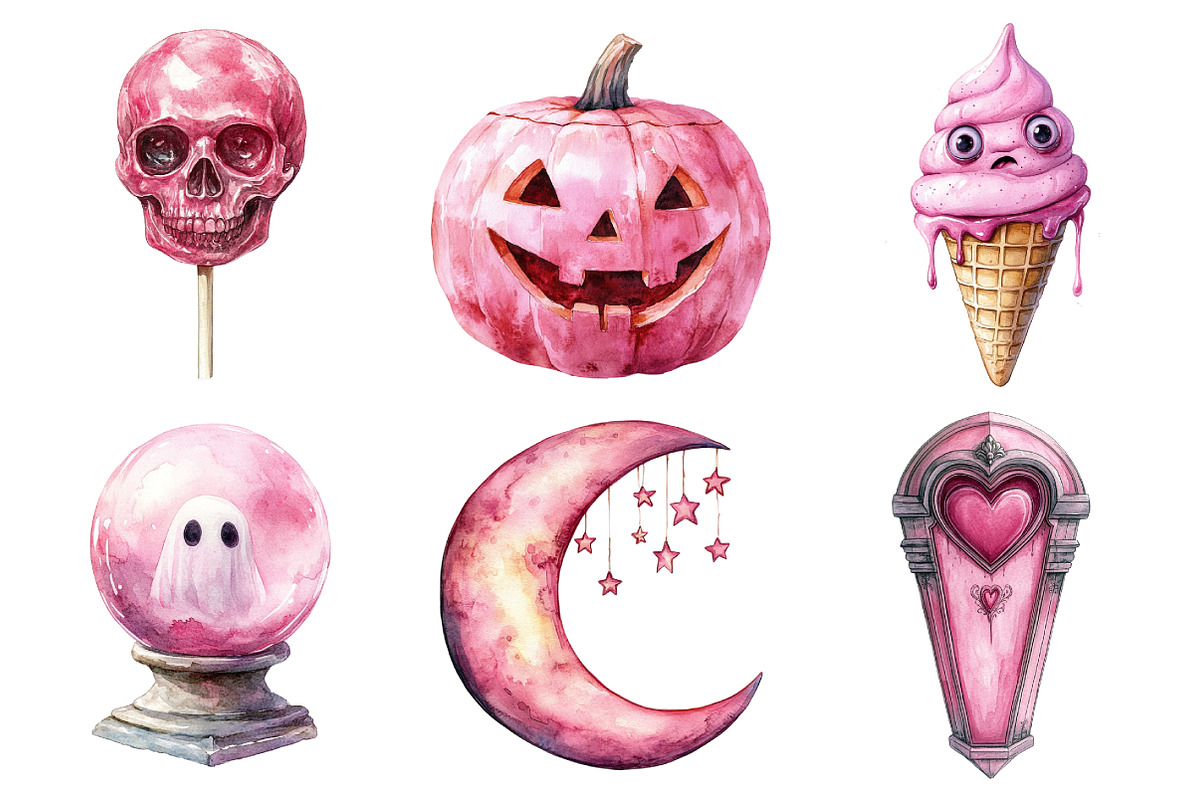 Watercolor Pink Halloween Clipart, an Illustration by Daily.Designs (Photo 2 of 5)