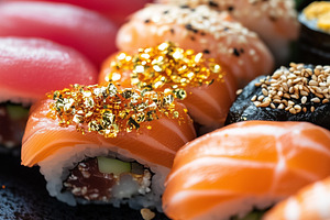 Close up of sushi rolls topped with, a Food & Drink Photo by MistyDay