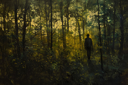 A person stands alone in a lush fore, a Photo by Tanuart
