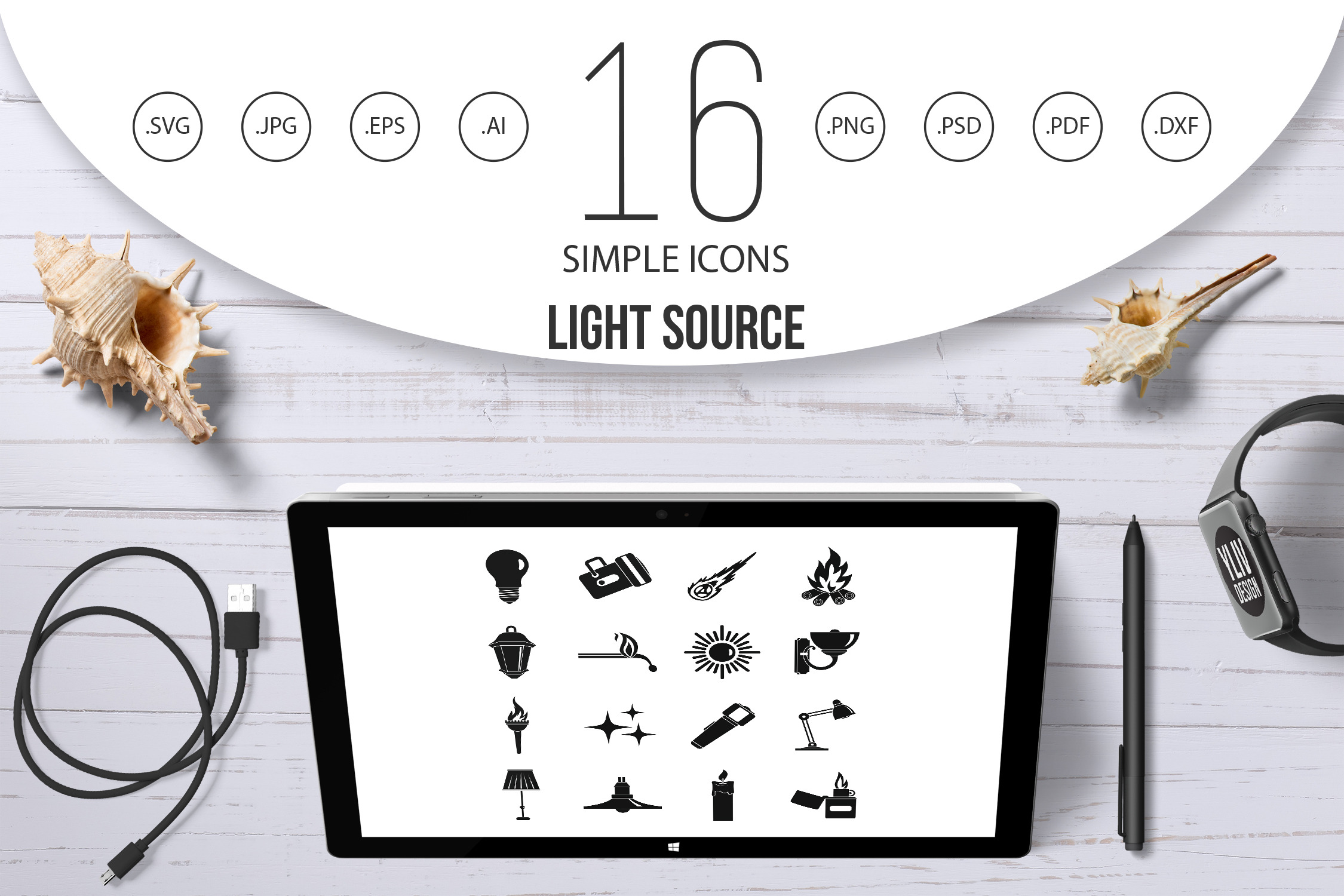 Light source symbols icons set, an Icon by Ylivdesign