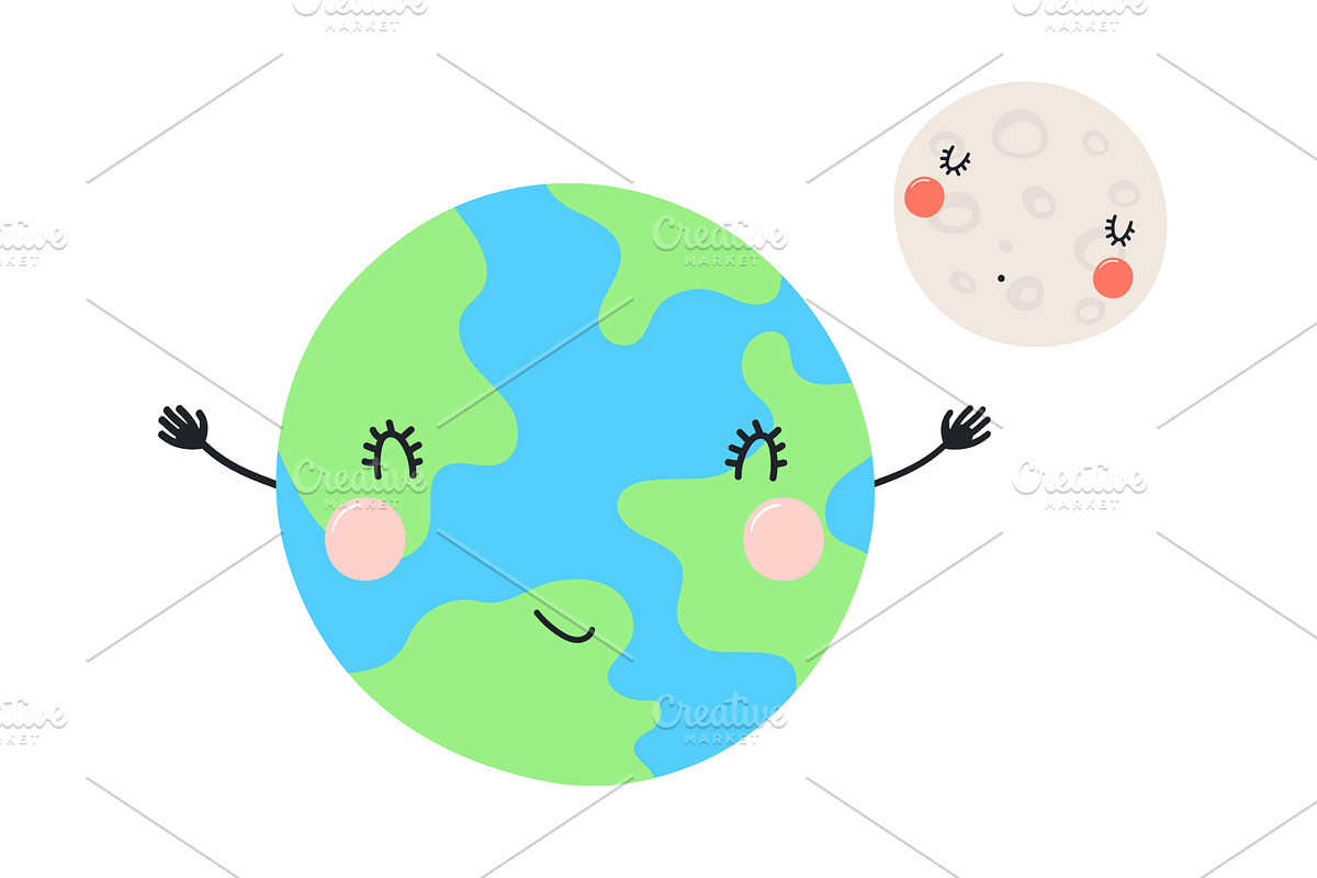 Earth, Moon with kawaii face cute, an Object Graphic by sceptical cactus
