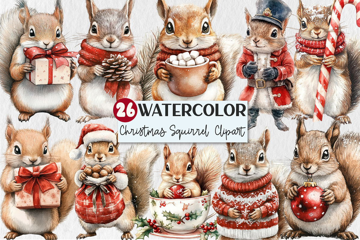 Watercolor Christmas Squirrel Clipar, a Seasonal Illustration by Rose Art (Photo 1 of 4)
