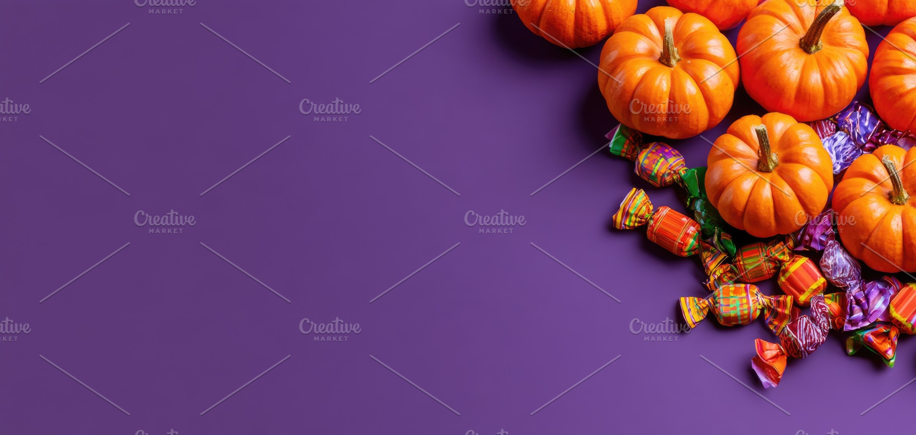 Halloween pumpkins and candy on purple copy space, a Person Photo by José Manuel Gelpi