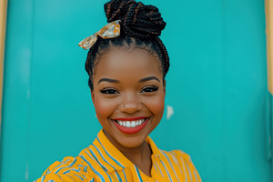 Cheerful young woman with braided, a Photo by Pavel_design