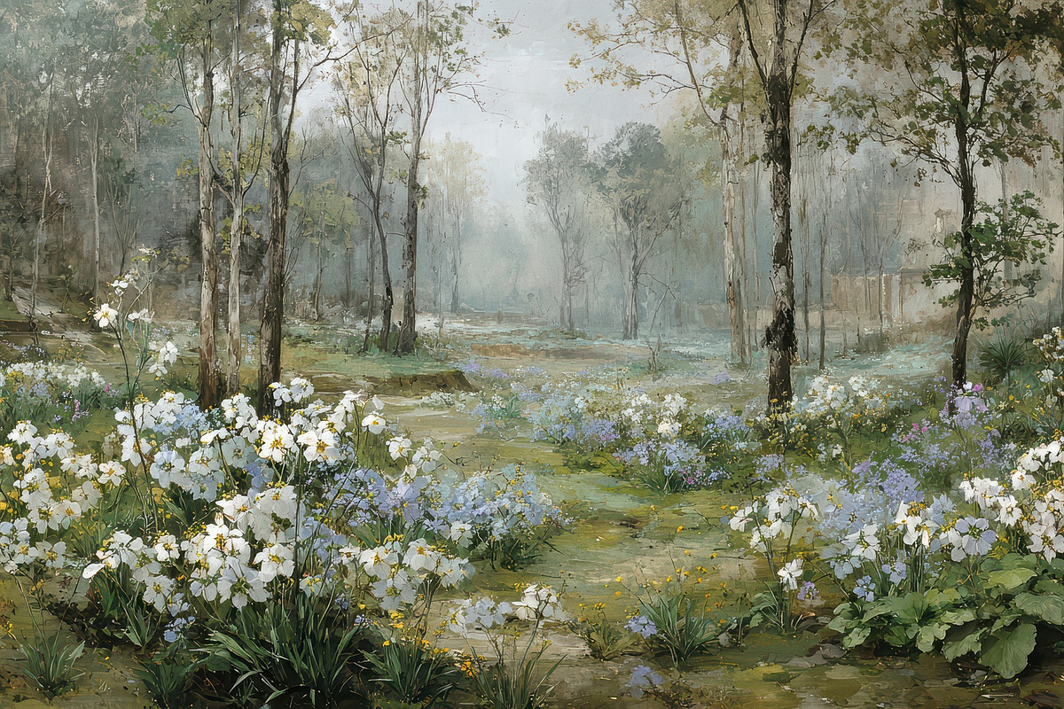 Misty Spring Forest Wallpaper, a Decorative Illustration by Virgo Studio