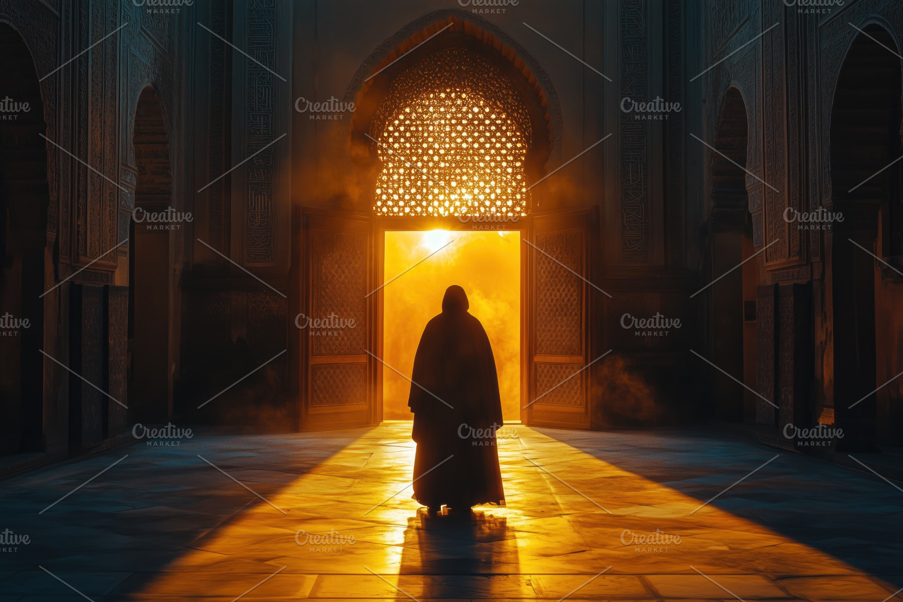 A silhouette of a arabic person standing in a grand doorway, illuminated by gol, a Person Photo by Textures & Backgrounds
