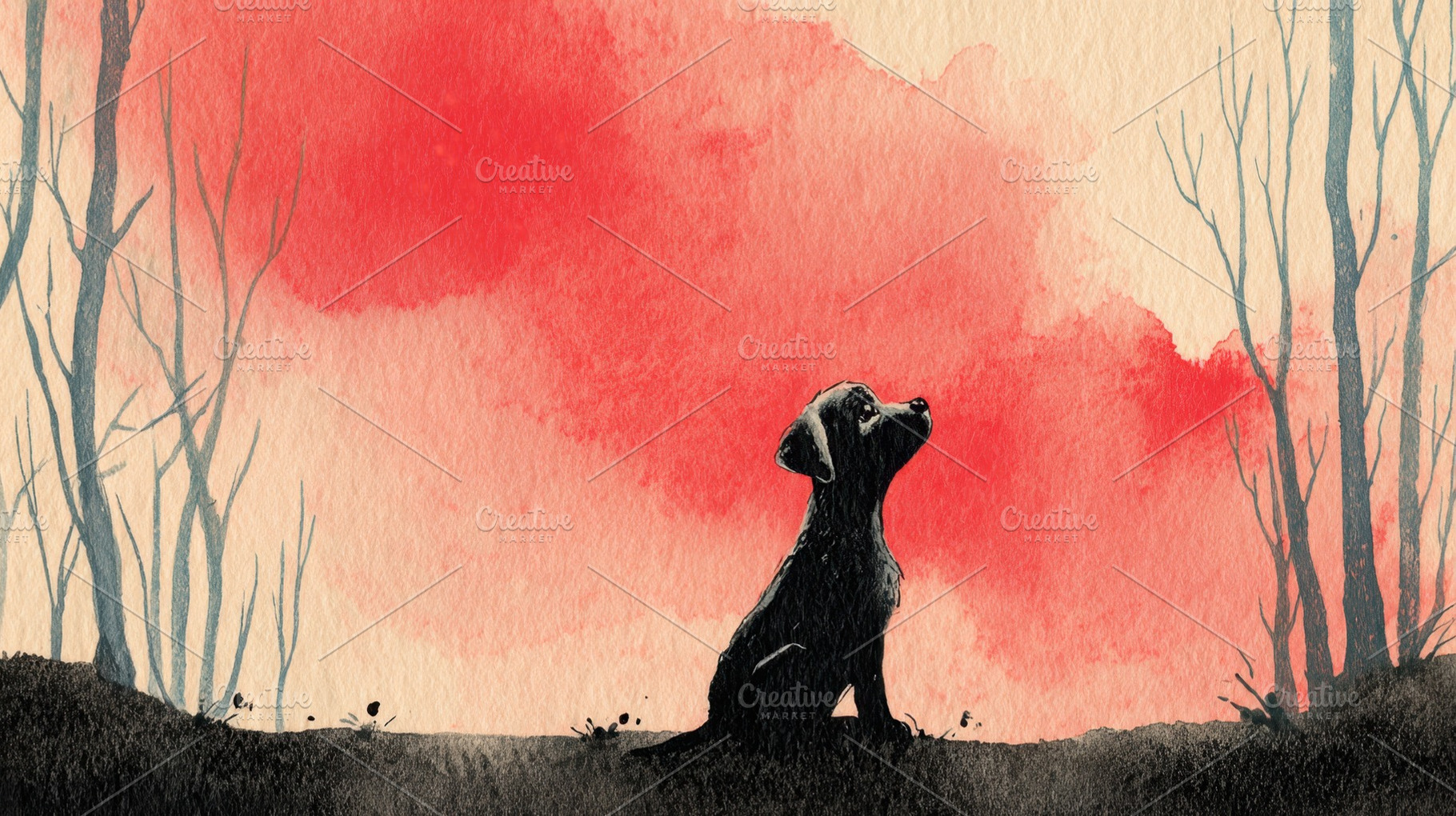 Dog sits under a red sky, a Photo by Beautiful things