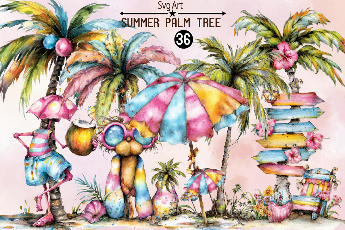 Whimsical Summer Palm Tree Clipart B, an Illustration by SVGArt (Photo 1 of 9)