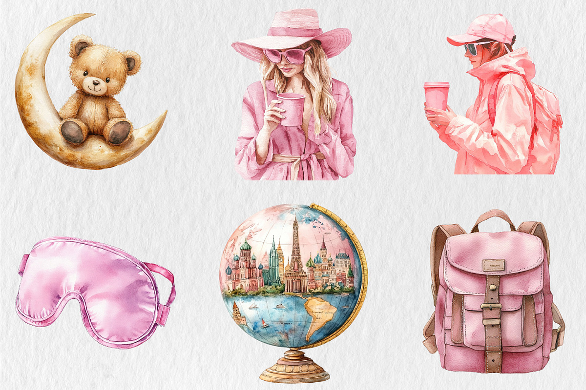 Watercolor Pink Travel Clipart, a Seasonal Illustration by Rose Art (Photo 3 of 4)