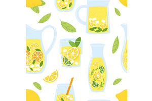 Refreshing drinks. Lemonade seamless, a Food Illustration by LadadikArt