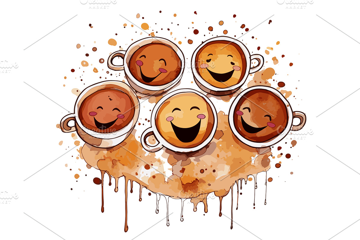 Smiling coffee cups in brown coffee, a Graphic by LadadikArt