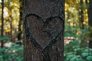 Heart carved into a tree featuring tree, trunk, and forest