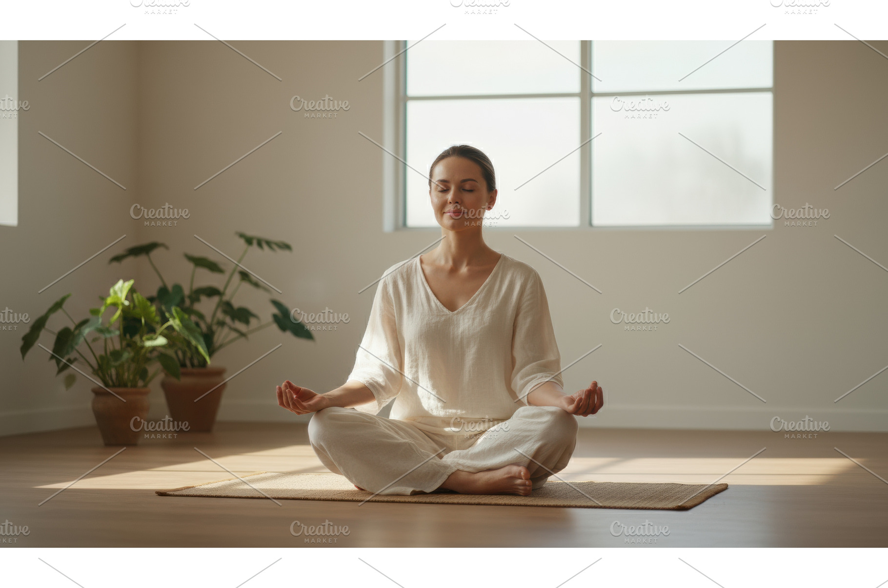 Calm woman meditating in bright, an Architecture Photo by Igor Tichonow