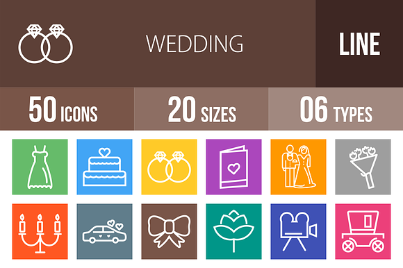 50 Wedding Line Multicolor Icons