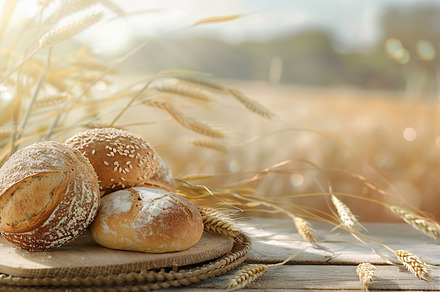 Fresh baked bread on table on wheat field background, a Food & Drink Photo by AlyaAnd
