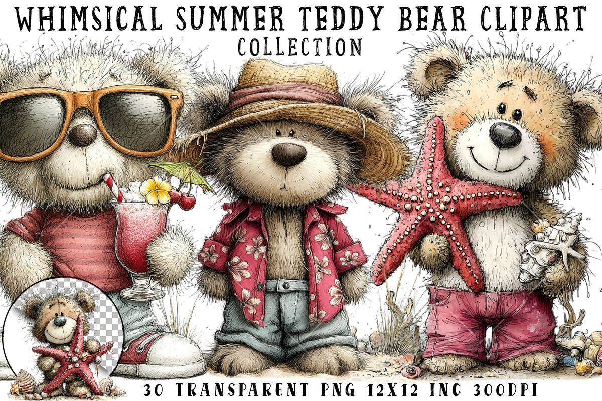 Whimsical Summer Teddy Bear Clipart, an Illustration by OK Design (Photo 1 of 6)