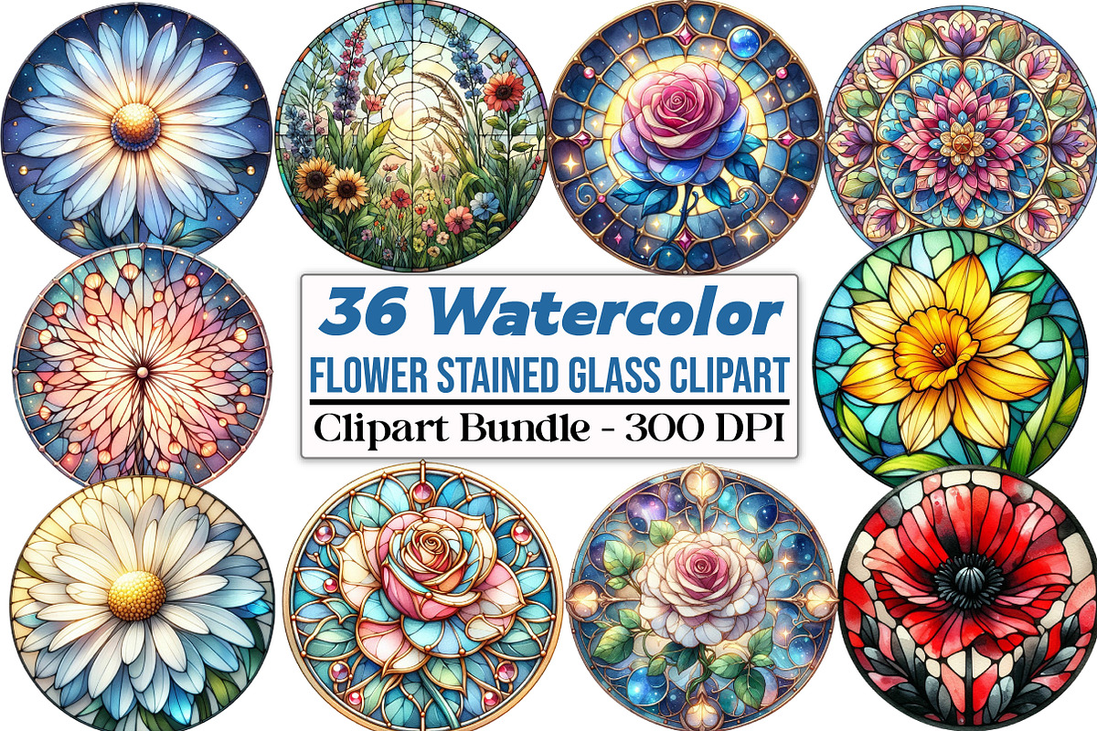 Round Flower Stained Glass Clipart, an Illustration by DreamCafeArt (Photo 1 of 5)
