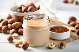 Glass jar of hazelnut butter on white background, a Food & Drink Photo by AlyaAnd