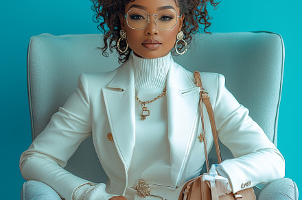 Confident woman in a white suit seated on a chair with a purse, a Photo by AS photostudio