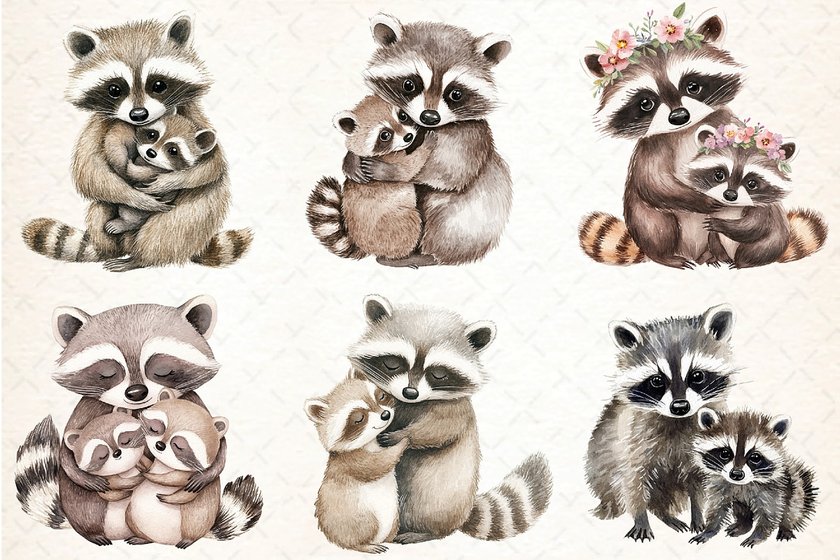 Watercolor Raccoon & Kit Clipart, an Illustration by DreamCafeArt (Photo 2 of 9)