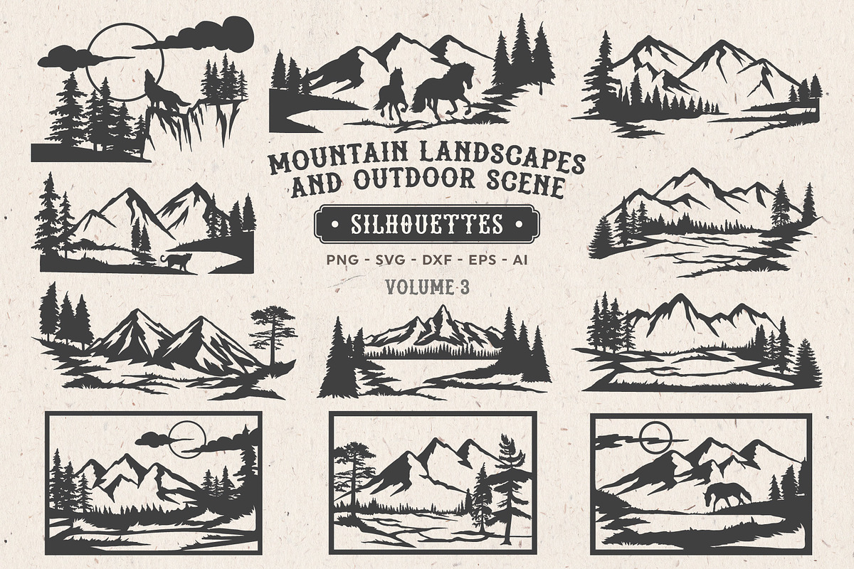Mountain Scenes Silhouettes Vector 3, an Object Illustration by Seaquint (Photo 1 of 5)