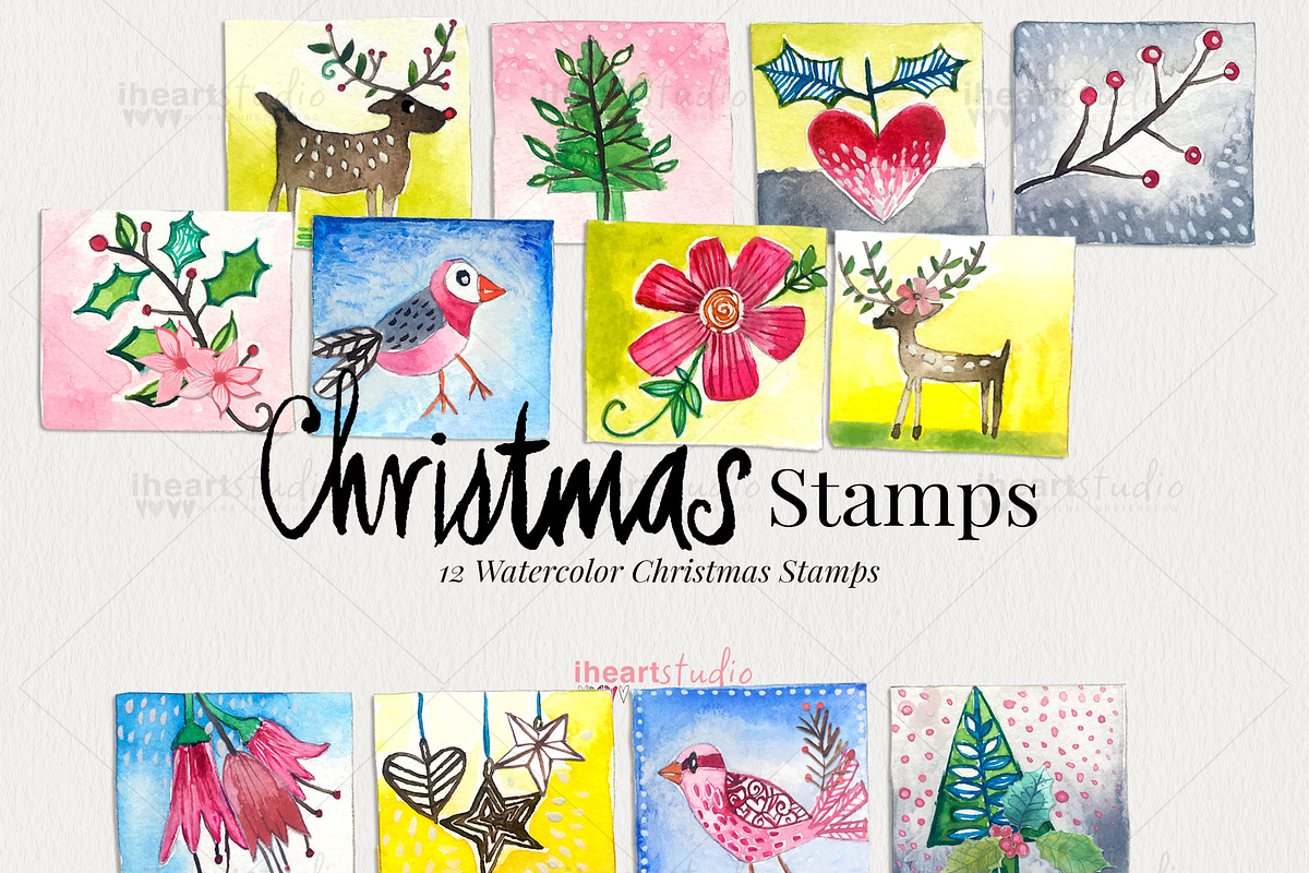 Watercolor Christmas Stamps, an Illustration by iHeartStudio (Photo 1 of 2)