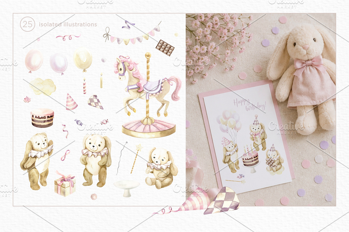 Birthday Bunny Watercolor collection, an Animal Illustration by Farida Bik (Photo 2 of 10)