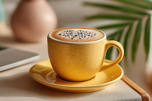 Yellow Coffee Cup on Desk with Laptop and Tropical Leaf in Warm, a Food & Drink Photo by José Manuel Gelpi