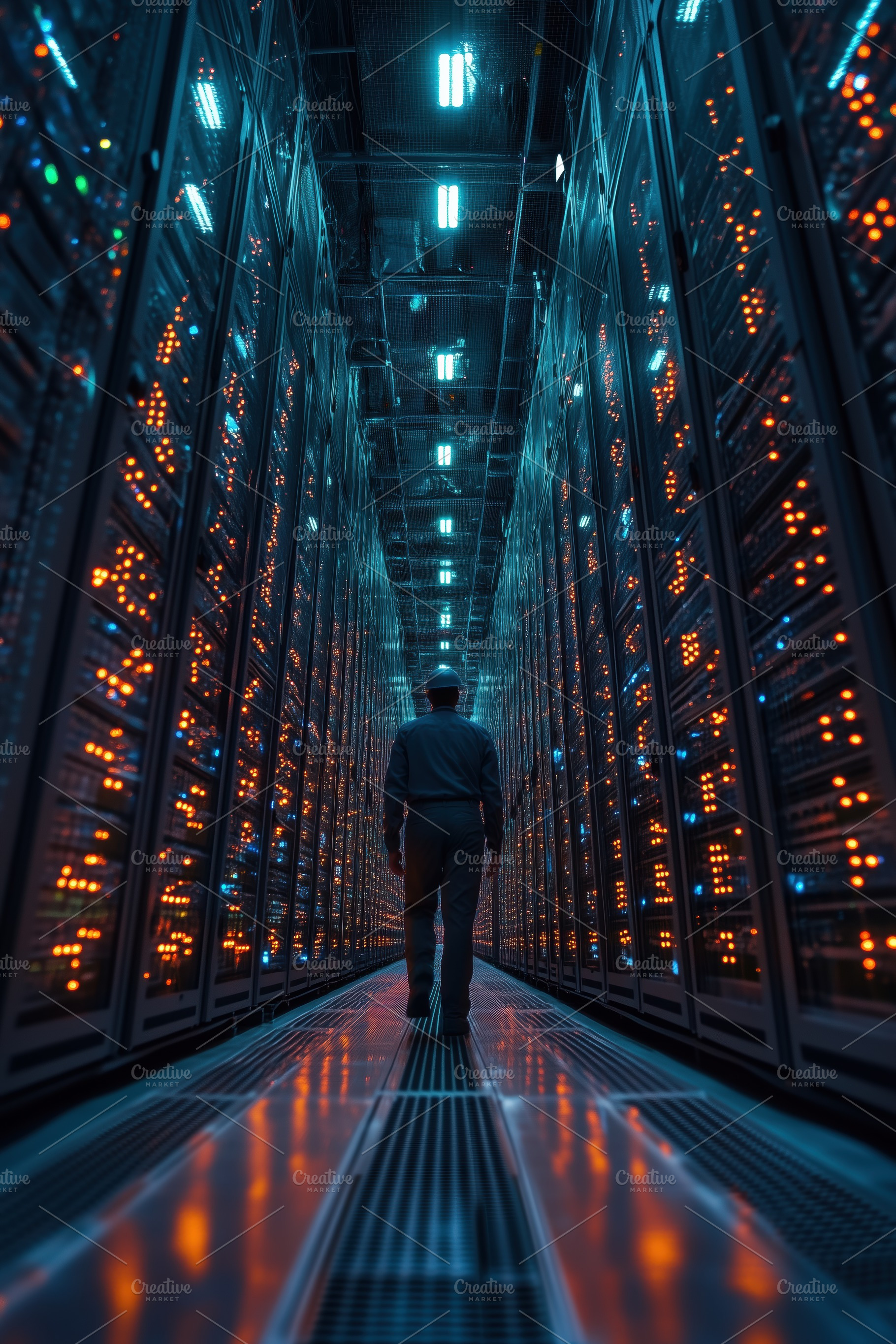 A Data Engineer person walking through a data center filled with rows of server, a Person Photo by Textures & Backgrounds