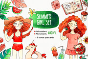 Summer Girl watercolor clipart set, a Decorative Illustration by Ekaterina Goncharova (Thumbnail 1 of 3)